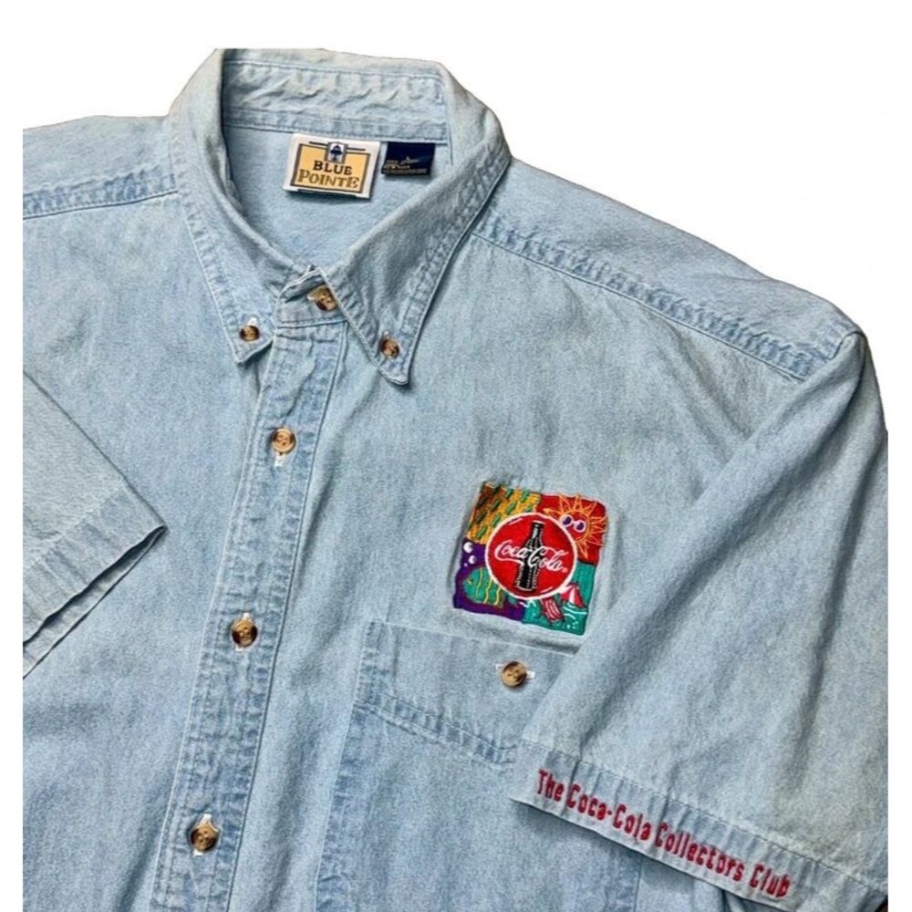 Vintage 90s Coca Cola Brand Coke Promo Denim Short Sleeve Button Up Shirt Size L